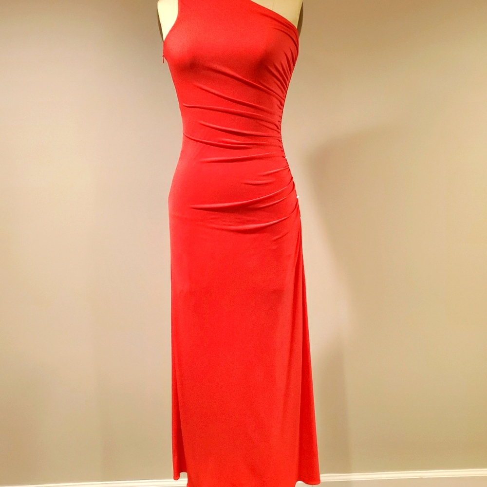 Cache designer brand RED dress contour bodycon with bead detailing / zipper, S